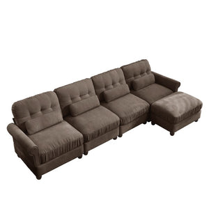 English Elm Chenille Modular U-Shape Sectional with Button-Tufted Back and Deep Cozy Seating Brown 4-Seater with One Ottoman W714S02085