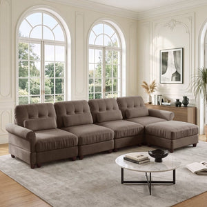 English Elm Chenille Modular U-Shape Sectional with Button-Tufted Back and Deep Cozy Seating Brown 4-Seater with One Ottoman W714S02085