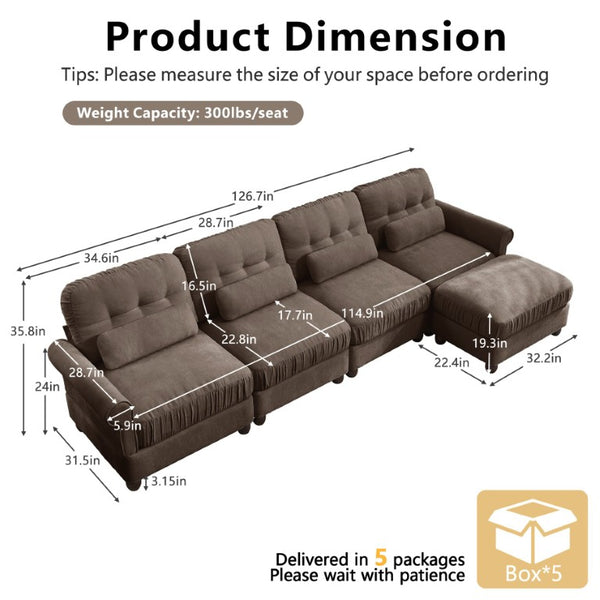 English Elm Chenille Modular U-Shape Sectional with Button-Tufted Back and Deep Cozy Seating Brown 4-Seater with One Ottoman W714S02085