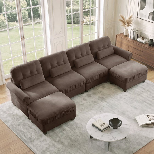 English Elm Modern Tufted Chenille Four Seat Sofa with Solid Wood Frame for Living Rooms Brown 4-Seater U-Shape Sectional W714S02086