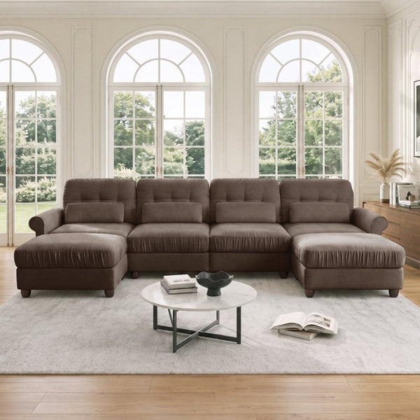 English Elm Modern Tufted Chenille Four Seat Sofa with Solid Wood Frame for Living Rooms Brown 4-Seater U-Shape Sectional W714S02086
