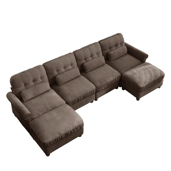 English Elm Modern Tufted Chenille Four Seat Sofa with Solid Wood Frame for Living Rooms Brown 4-Seater U-Shape Sectional W714S02086