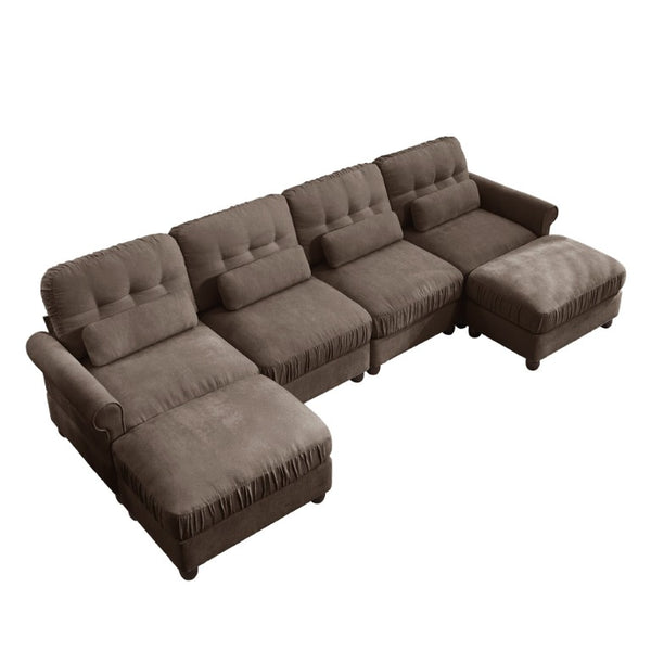 English Elm Modern Tufted Chenille Four Seat Sofa with Solid Wood Frame for Living Rooms Brown 4-Seater U-Shape Sectional W714S02086