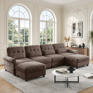 English Elm Modern Tufted Chenille Four Seat Sofa with Solid Wood Frame for Living Rooms Brown 4-Seater U-Shape Sectional W714S02086