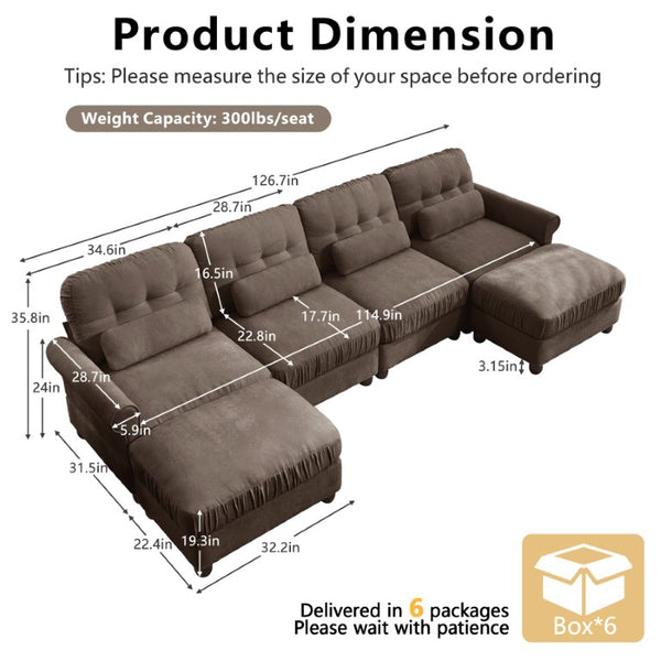 English Elm Modern Tufted Chenille Four Seat Sofa with Solid Wood Frame for Living Rooms Brown 4-Seater U-Shape Sectional W714S02086