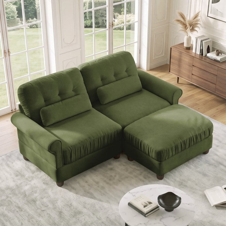 English Elm Chenille Tufted Compact Sectional with Ottoman Lumbar Pillows Rolled Arms Apartment Seating Green Loveseat Sectional with Ottoman W714S02088