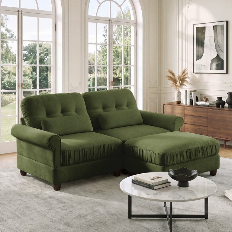 English Elm Chenille Tufted Compact Sectional with Ottoman Lumbar Pillows Rolled Arms Apartment Seating Green Loveseat Sectional with Ottoman W714S02088