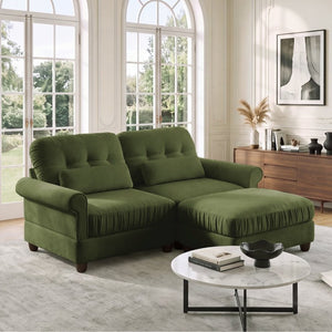 English Elm Chenille Tufted Compact Sectional with Ottoman Lumbar Pillows Rolled Arms Apartment Seating Green Loveseat Sectional with Ottoman W714S02088
