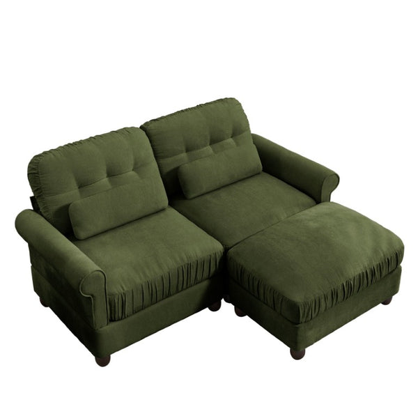 English Elm Chenille Tufted Compact Sectional with Ottoman Lumbar Pillows Rolled Arms Apartment Seating Green Loveseat Sectional with Ottoman W714S02088
