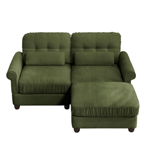 English Elm Chenille Tufted Compact Sectional with Ottoman Lumbar Pillows Rolled Arms Apartment Seating Green Loveseat Sectional with Ottoman W714S02088