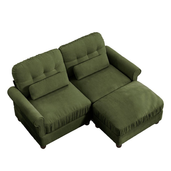 English Elm Chenille Tufted Compact Sectional with Ottoman Lumbar Pillows Rolled Arms Apartment Seating Green Loveseat Sectional with Ottoman W714S02088