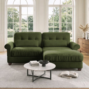 English Elm Chenille Tufted Compact Sectional with Ottoman Lumbar Pillows Rolled Arms Apartment Seating Green Loveseat Sectional with Ottoman W714S02088
