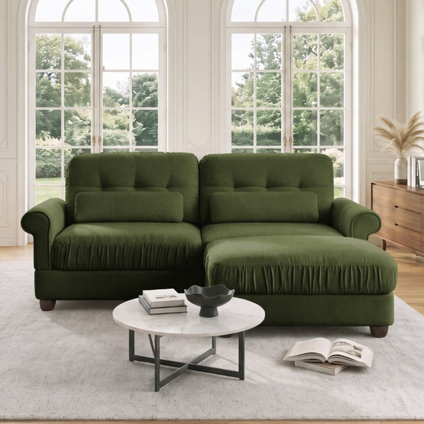English Elm Chenille Tufted Compact Sectional with Ottoman Lumbar Pillows Rolled Arms Apartment Seating Green Loveseat Sectional with Ottoman W714S02088