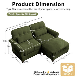 English Elm Chenille Tufted Compact Sectional with Ottoman Lumbar Pillows Rolled Arms Apartment Seating Green Loveseat Sectional with Ottoman W714S02088