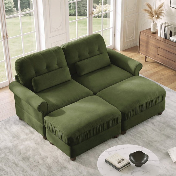 English Elm Chenille Modular Sectional with Tufted Back Rolled Arms Two Ottomans Retro Lounge Appeal W714S02089