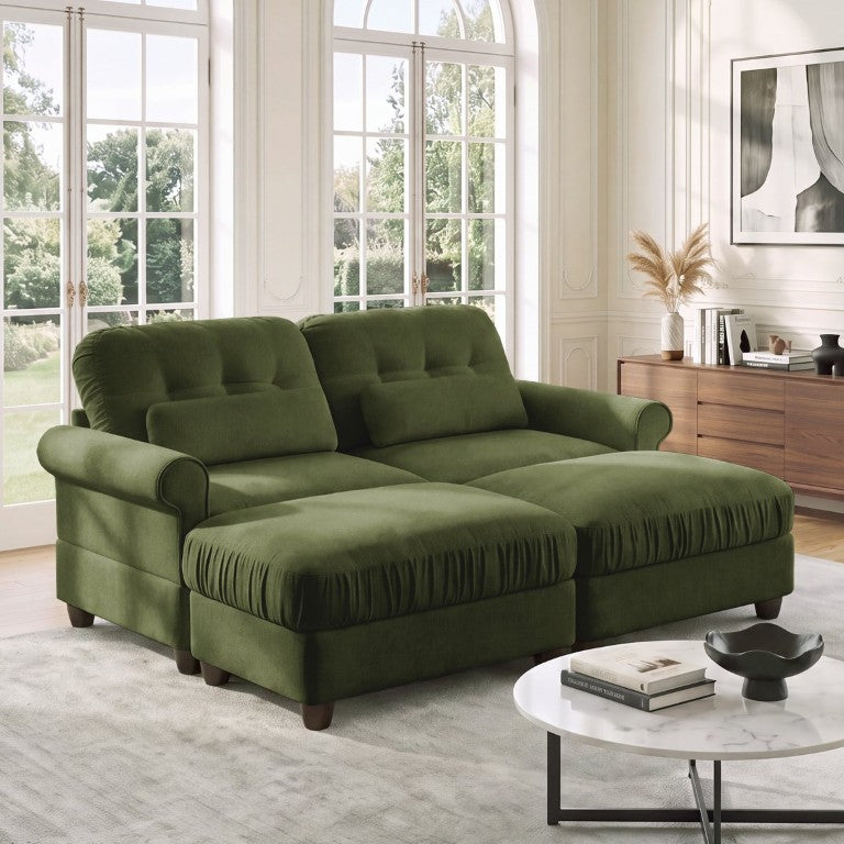English Elm Chenille Modular Sectional with Tufted Back Rolled Arms Two Ottomans Retro Lounge Appeal W714S02089
