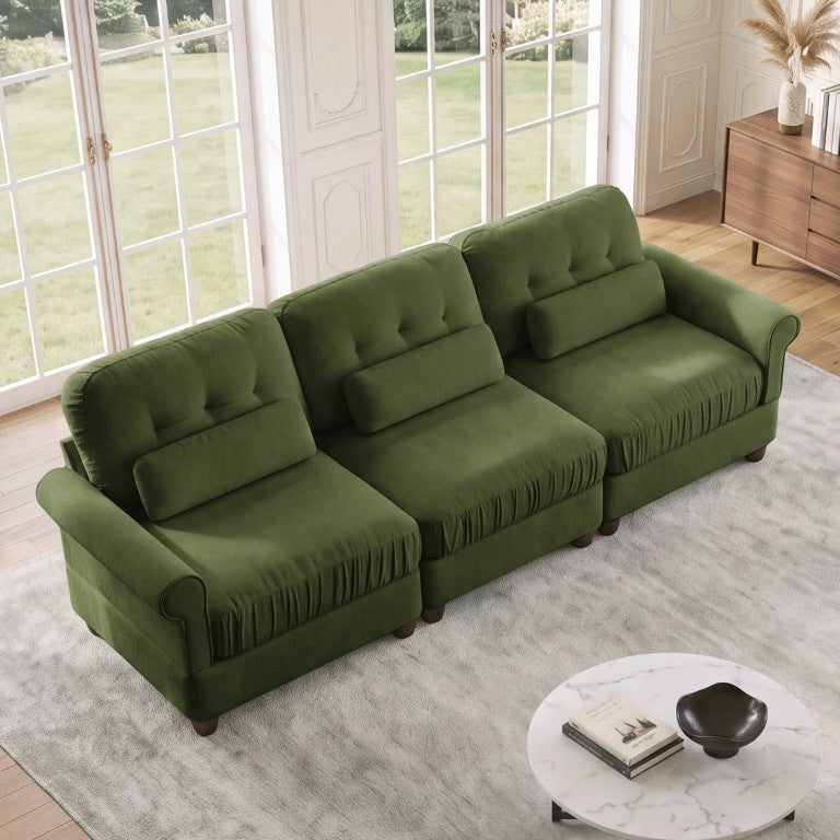 English Elm Chenille Three Seater Sofa with Ruffled Skirt Button Tufted Back and Lumbar Pillows W714S02090