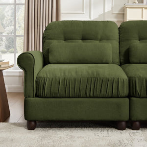 English Elm Chenille Three Seater Sofa with Ruffled Skirt Button Tufted Back and Lumbar Pillows W714S02090