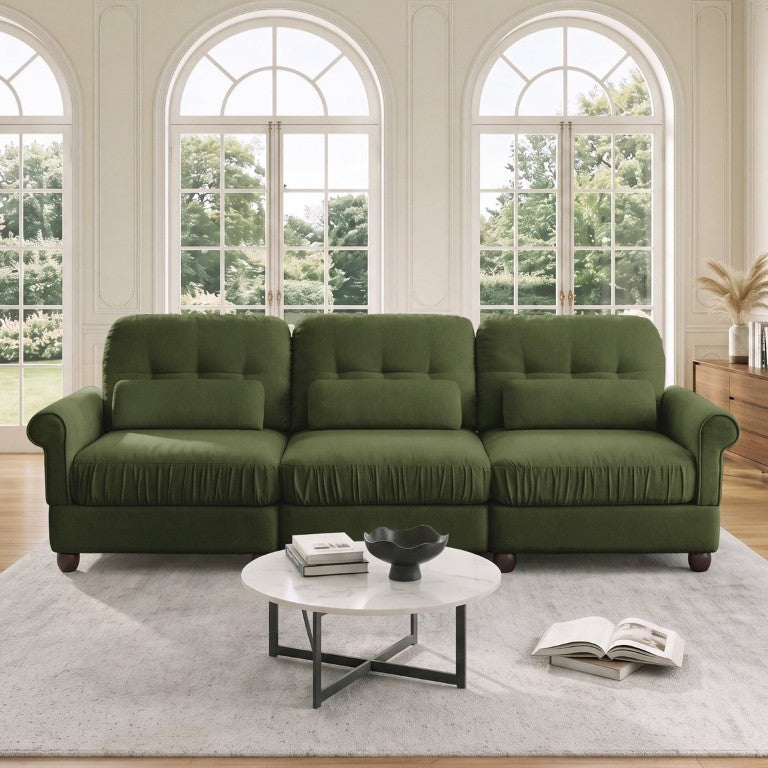 English Elm Chenille Three Seater Sofa with Ruffled Skirt Button Tufted Back and Lumbar Pillows W714S02090