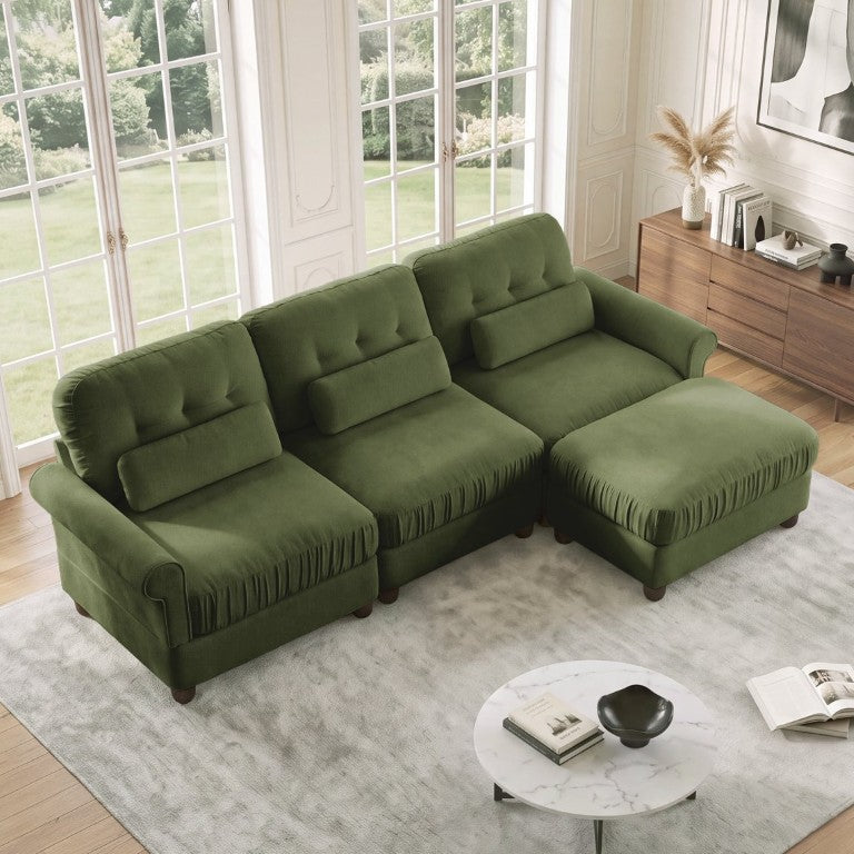 English Elm Chenille Modular Sectional with Ottoman Button Tufted Backrest and Ruffled Cushions W714S02091