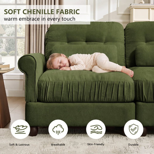 English Elm Chenille Modular Sectional with Ottoman Button Tufted Backrest and Ruffled Cushions W714S02091