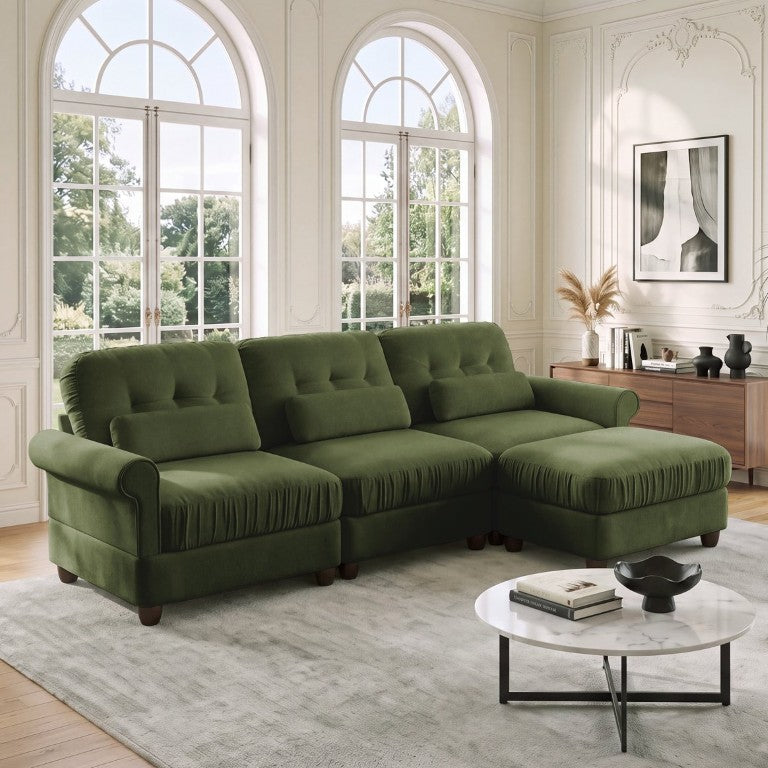 English Elm Chenille Modular Sectional with Ottoman Button Tufted Backrest and Ruffled Cushions W714S02091
