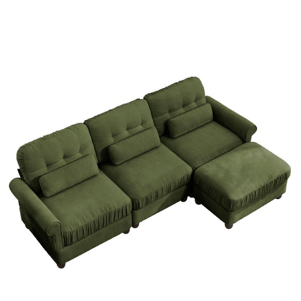 English Elm Chenille Modular Sectional with Ottoman Button Tufted Backrest and Ruffled Cushions W714S02091