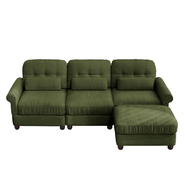 English Elm Chenille Modular Sectional with Ottoman Button Tufted Backrest and Ruffled Cushions W714S02091