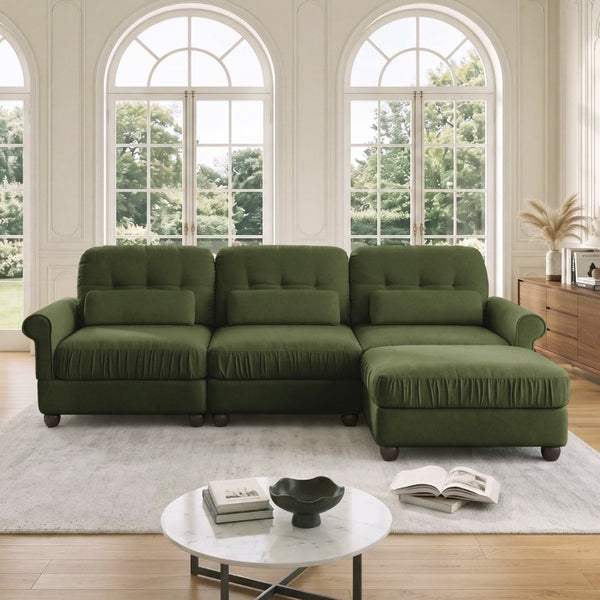 English Elm Chenille Modular Sectional with Ottoman Button Tufted Backrest and Ruffled Cushions W714S02091