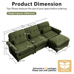 English Elm Chenille Modular Sectional with Ottoman Button Tufted Backrest and Ruffled Cushions W714S02091
