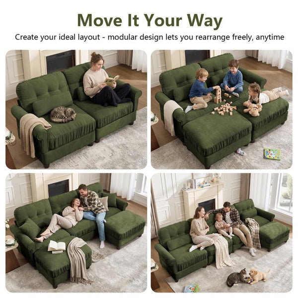 English Elm Chenille Modular Sectional with Ottoman Button Tufted Backrest and Ruffled Cushions W714S02091