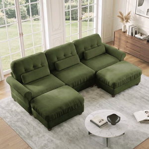 English Elm Chenille Modular U-Shape Sectional with Button-Tufted Back and Deep Cozy Seating Green 3-Seater with 2 Ottomans W714S02092