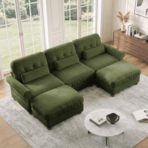 English Elm Chenille Modular U-Shape Sectional with Button-Tufted Back and Deep Cozy Seating Green 3-Seater with 2 Ottomans W714S02092