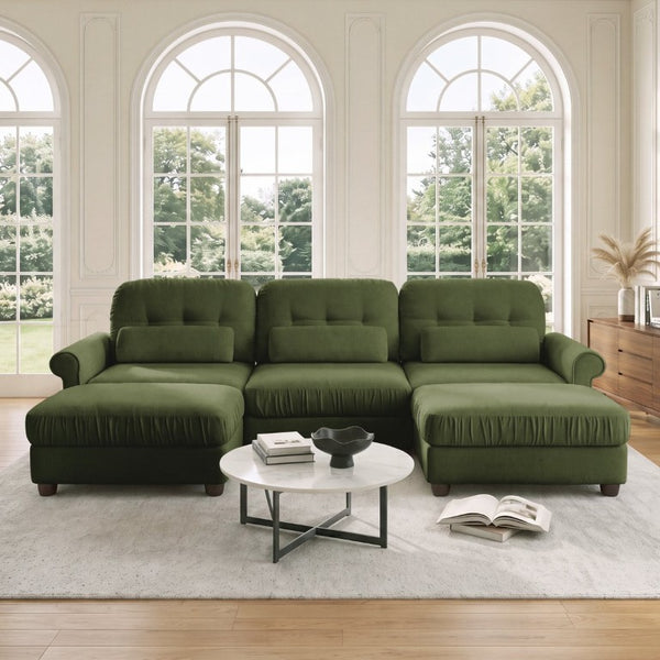 English Elm Chenille Modular U-Shape Sectional with Button-Tufted Back and Deep Cozy Seating Green 3-Seater with 2 Ottomans W714S02092