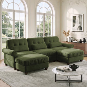 English Elm Chenille Modular U-Shape Sectional with Button-Tufted Back and Deep Cozy Seating Green 3-Seater with 2 Ottomans W714S02092