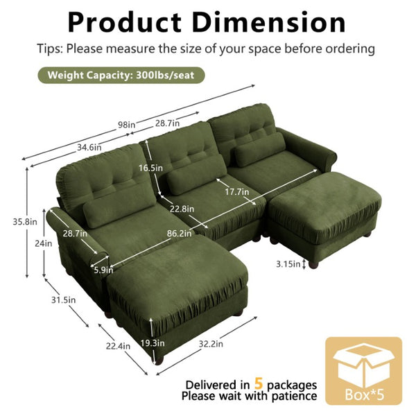English Elm Chenille Modular U-Shape Sectional with Button-Tufted Back and Deep Cozy Seating Green 3-Seater with 2 Ottomans W714S02092