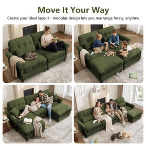 English Elm Chenille Modular U-Shape Sectional with Button-Tufted Back and Deep Cozy Seating Green 3-Seater with 2 Ottomans W714S02092