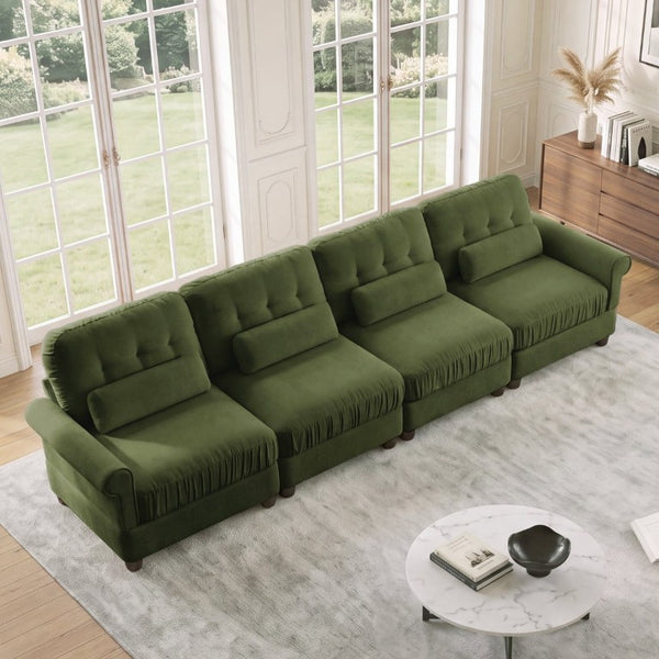 English Elm Chenille Modular U-Shape Sectional with Button-Tufted Back and Deep Cozy Seating Green 4-Seater W714S02093