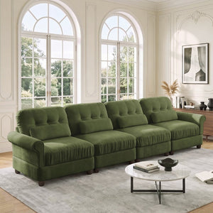 English Elm Chenille Modular U-Shape Sectional with Button-Tufted Back and Deep Cozy Seating Green 4-Seater W714S02093