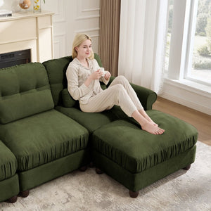 English Elm Chenille Modular U-Shape Sectional with Button-Tufted Back and Deep Cozy Seating Green 4-Seater W714S02093