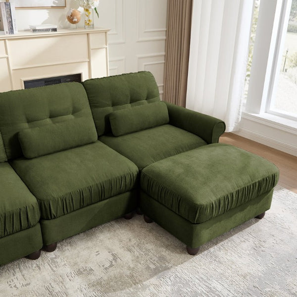 English Elm Chenille Modular U-Shape Sectional with Button-Tufted Back and Deep Cozy Seating Green 4-Seater W714S02093