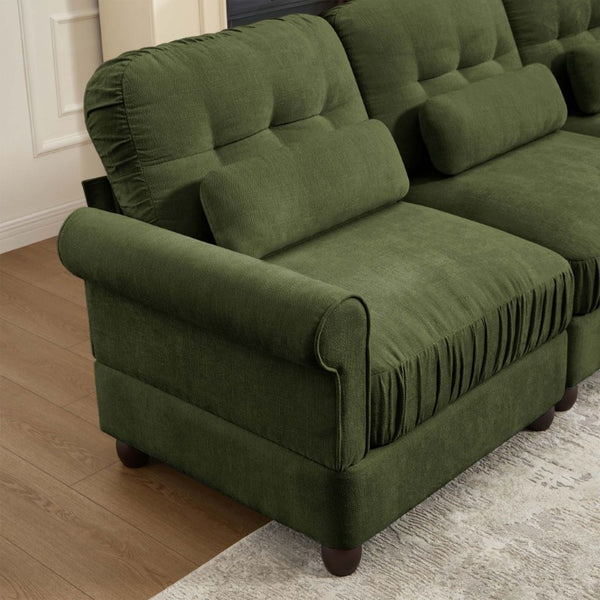 English Elm Chenille Modular U-Shape Sectional with Button-Tufted Back and Deep Cozy Seating Green 4-Seater W714S02093