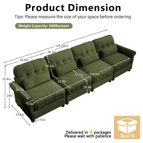 English Elm Chenille Modular U-Shape Sectional with Button-Tufted Back and Deep Cozy Seating Green 4-Seater W714S02093