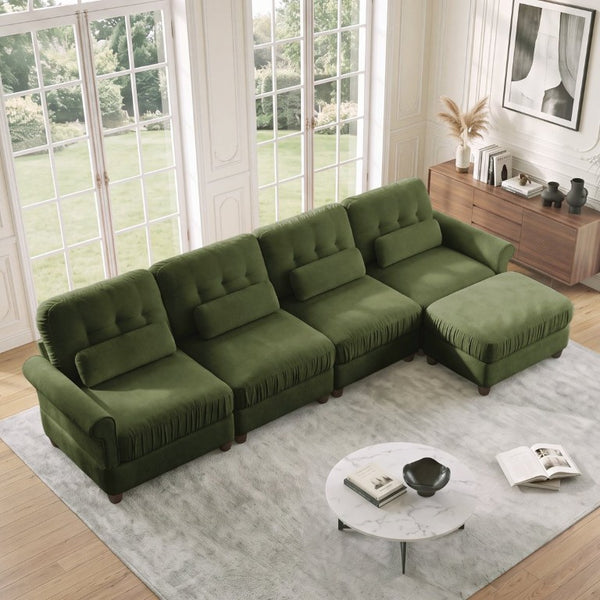 English Elm Chenille Modular U-Shape Sectional with Button-Tufted Back and Deep Cozy Seating Green 4-Seater with One Ottoman W714S02094