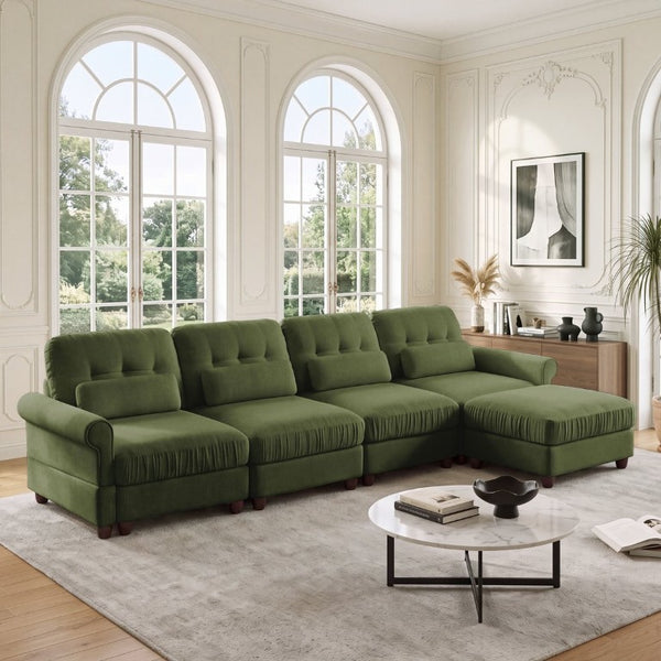 English Elm Chenille Modular U-Shape Sectional with Button-Tufted Back and Deep Cozy Seating Green 4-Seater with One Ottoman W714S02094