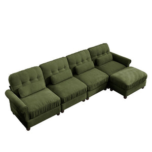English Elm Chenille Modular U-Shape Sectional with Button-Tufted Back and Deep Cozy Seating Green 4-Seater with One Ottoman W714S02094