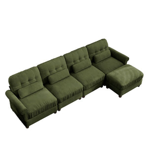 English Elm Chenille Modular U-Shape Sectional with Button-Tufted Back and Deep Cozy Seating Green 4-Seater with One Ottoman W714S02094