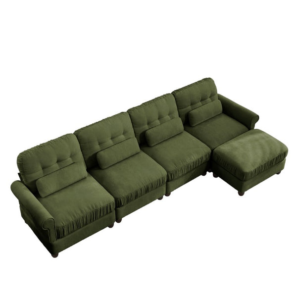 English Elm Chenille Modular U-Shape Sectional with Button-Tufted Back and Deep Cozy Seating Green 4-Seater with One Ottoman W714S02094