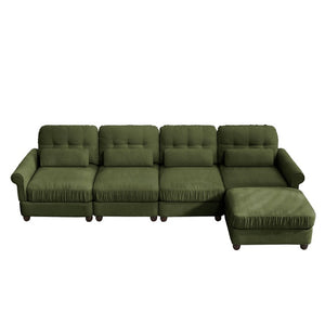 English Elm Chenille Modular U-Shape Sectional with Button-Tufted Back and Deep Cozy Seating Green 4-Seater with One Ottoman W714S02094