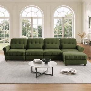English Elm Chenille Modular U-Shape Sectional with Button-Tufted Back and Deep Cozy Seating Green 4-Seater with One Ottoman W714S02094